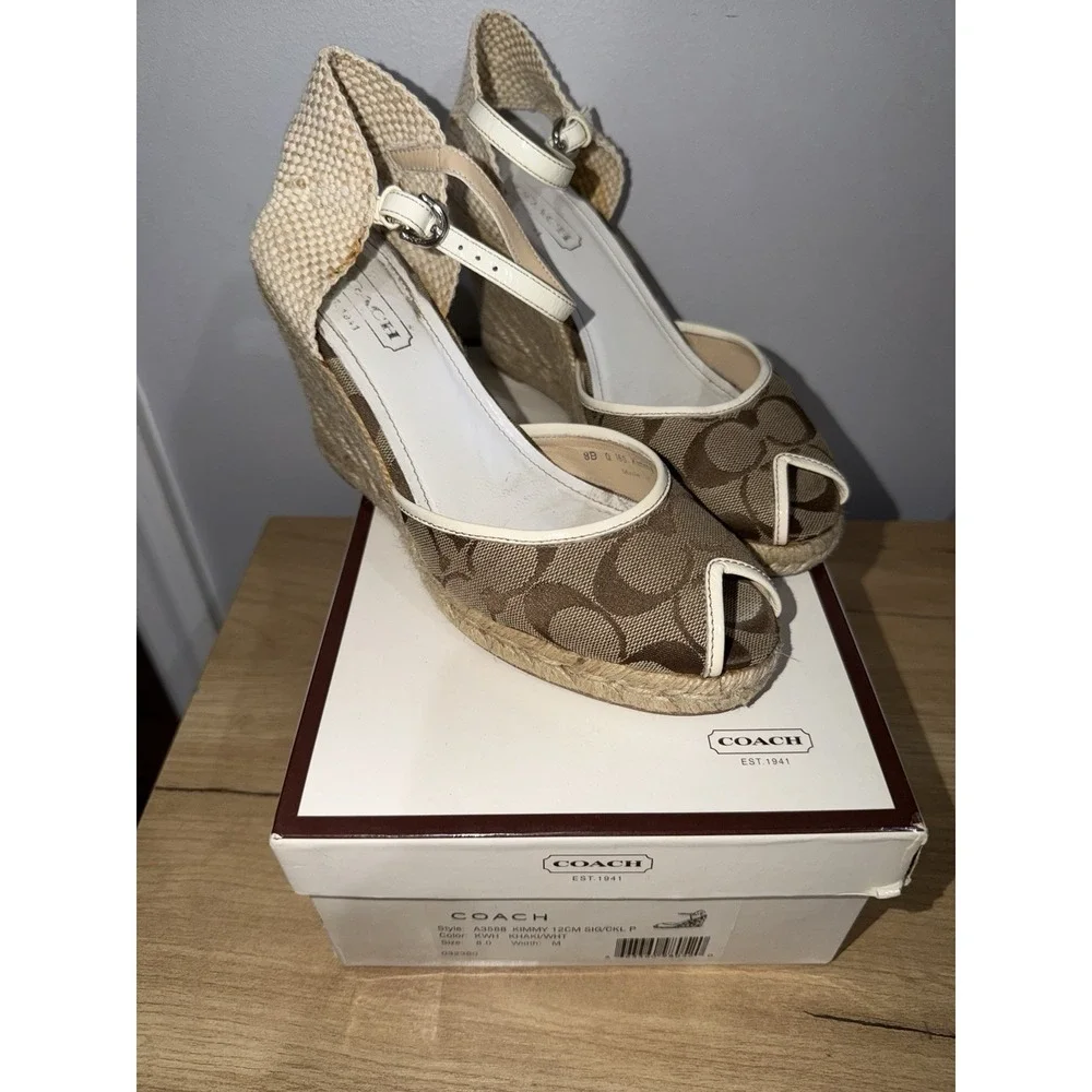 Coach Kimmy Wedge Sandals Khaki Gold Signature Size 8 Espadrille Straw Heels